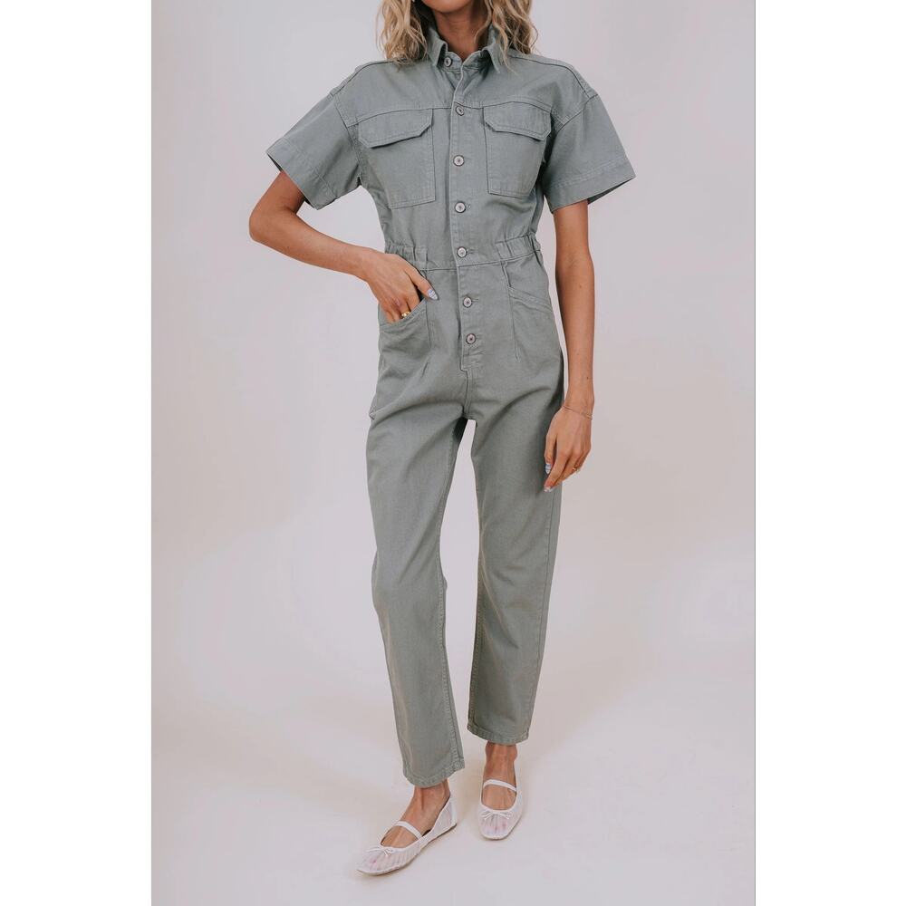 Free People We The Free Marci Jumpsuit Washed Army Sage Green Denim Coverall L